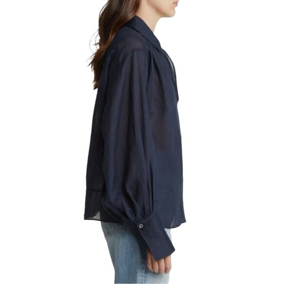 Frame Long Sleeve Ramie Blouse Navy Blue Size Medium - Picture 9 of 12